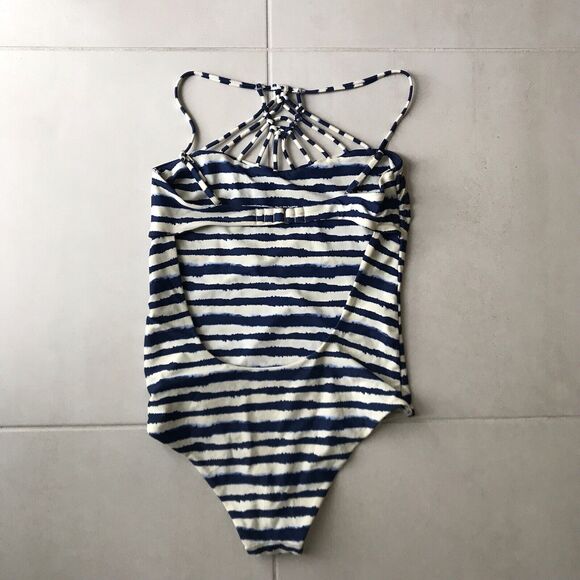 Tori Praver One Piece Swimsuit Striped Indigo Macrame Swimwear - Picture 5 of 8